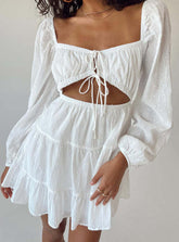 elegant square-neck long-sleeved lace-up hollow short white dress